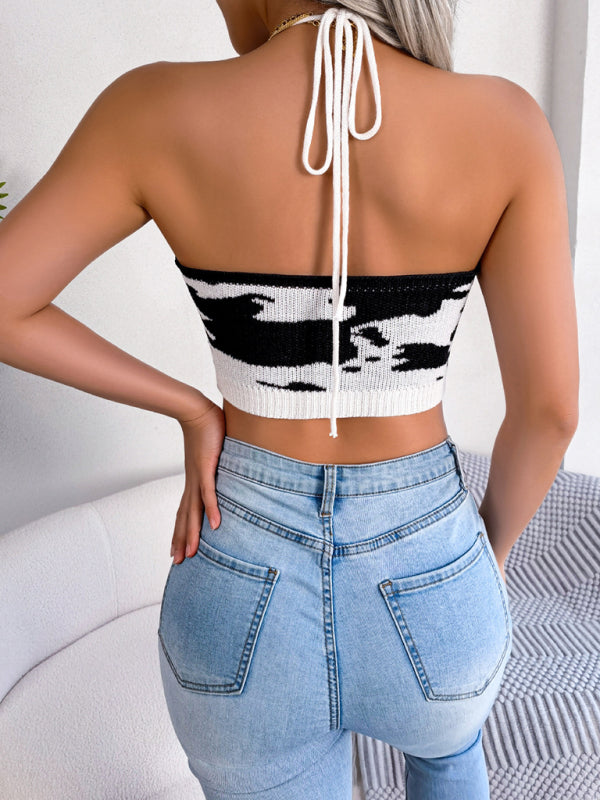 Ellie Women's Sexy Cow Pattern Waist Sling Cropped Knitted Sweater