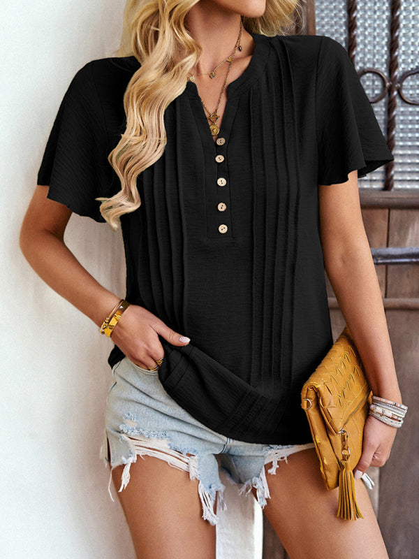 Sonal Women's Solid Color V Neck Casual Short Sleeve Top