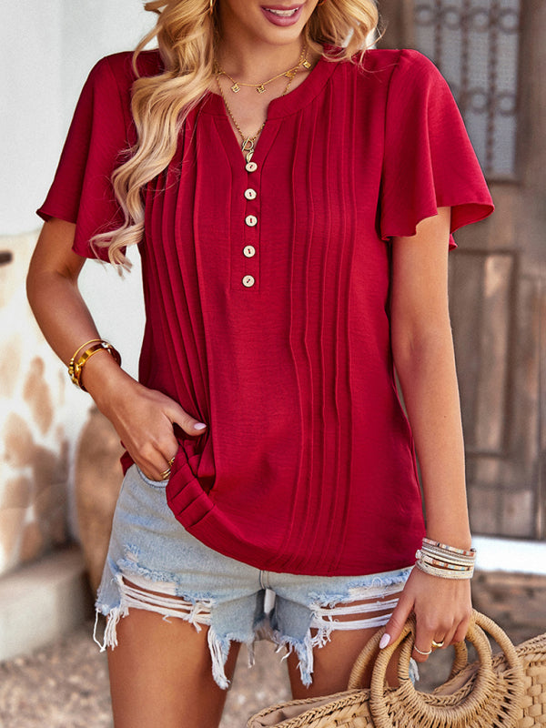 Sonal Women's Solid Color V Neck Casual Short Sleeve Top