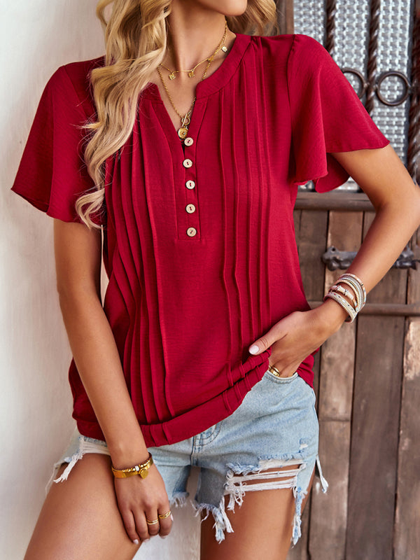 Sonal Women's Solid Color V Neck Casual Short Sleeve Top