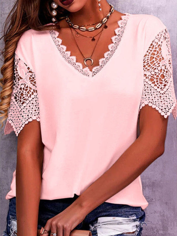 Solana Women's Lace Trim Stitching Loose V Neck Short Sleeve Top