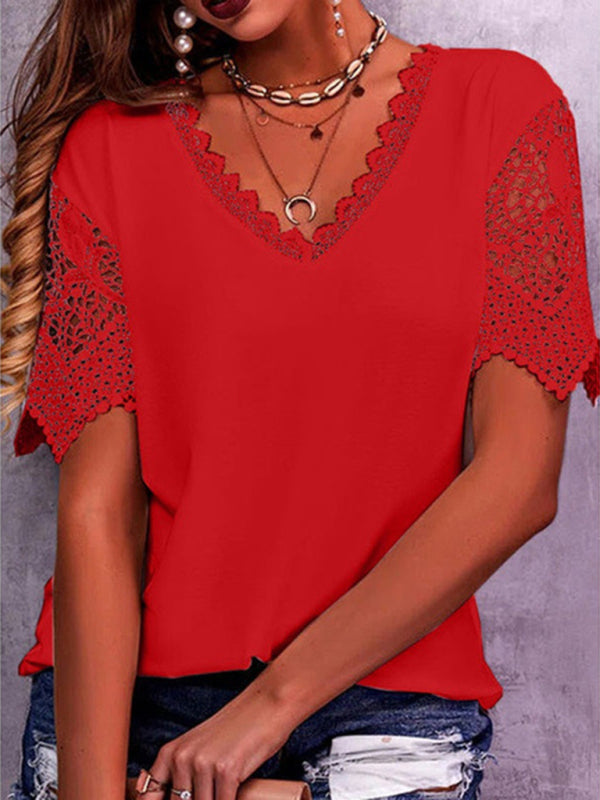 Solana Women's Lace Trim Stitching Loose V Neck Short Sleeve Top