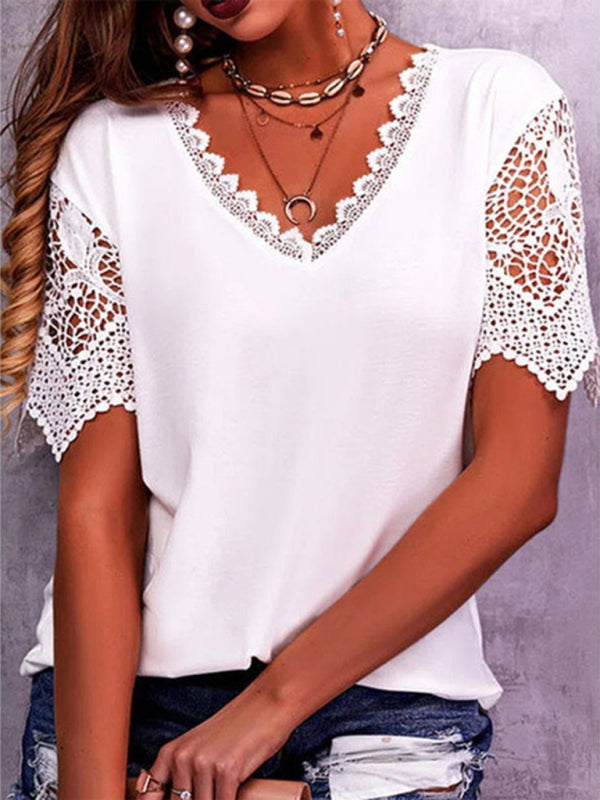 Solana Women's Lace Trim Stitching Loose V Neck Short Sleeve Top