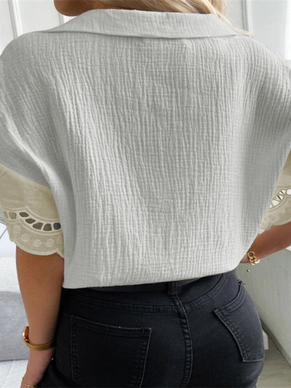 Calyssa Women's Solid Color Elegant Lace V Neck Short Sleeve Top