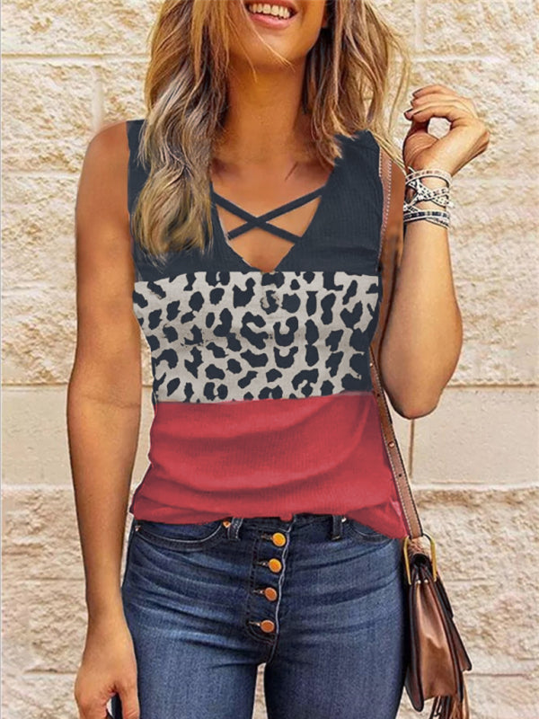 Galina New Women's Leopard Stitching V-Neck Top