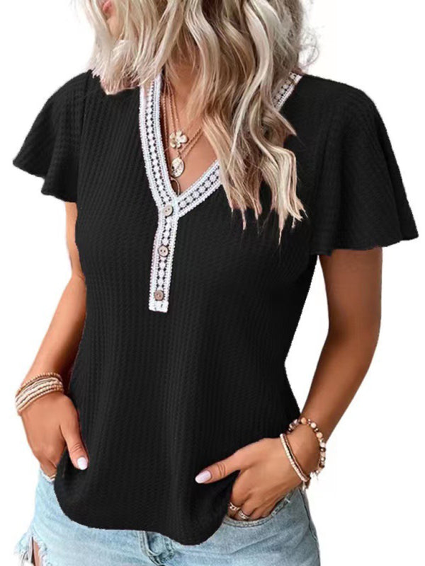 Alisha Women's Casual Fly Fly Sleeve Waffle Stitching Top Short Sleeve T-Shirt