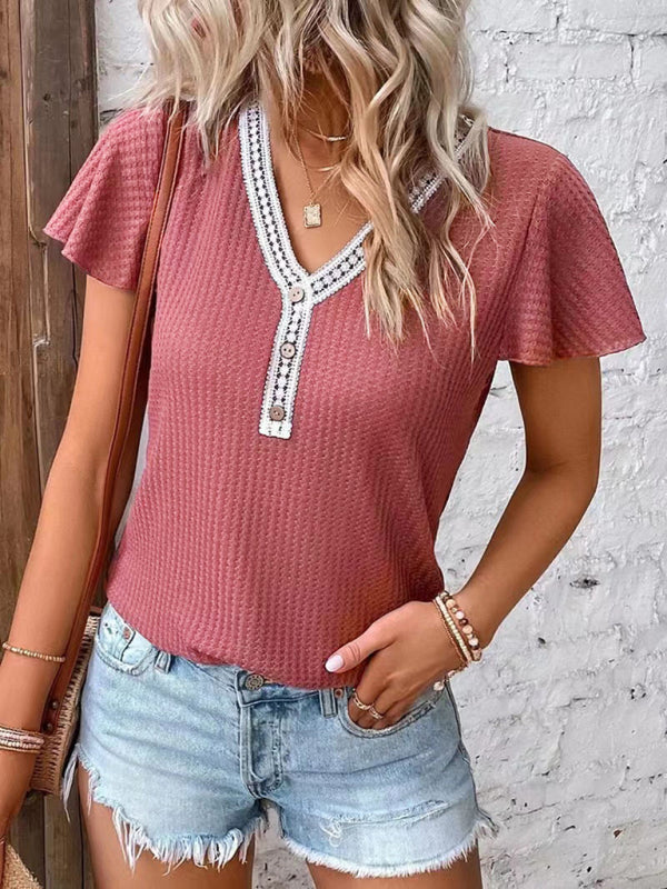 Alisha Women's Casual Fly Fly Sleeve Waffle Stitching Top Short Sleeve T-Shirt