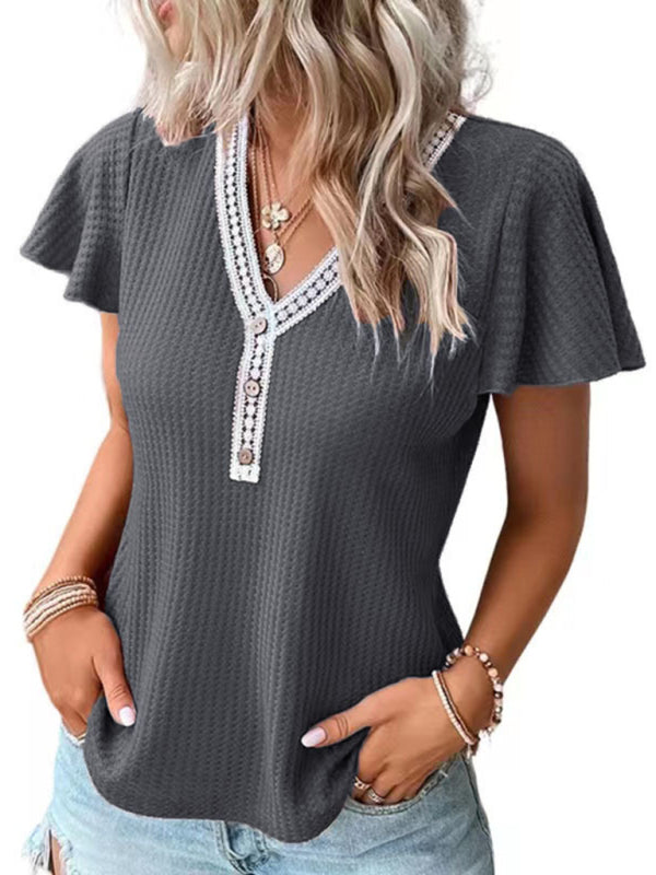 Alisha Women's Casual Fly Fly Sleeve Waffle Stitching Top Short Sleeve T-Shirt