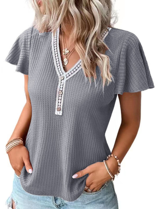 Alisha Women's Casual Fly Fly Sleeve Waffle Stitching Top Short Sleeve T-Shirt