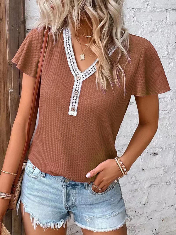 Alisha Women's Casual Fly Fly Sleeve Waffle Stitching Top Short Sleeve T-Shirt