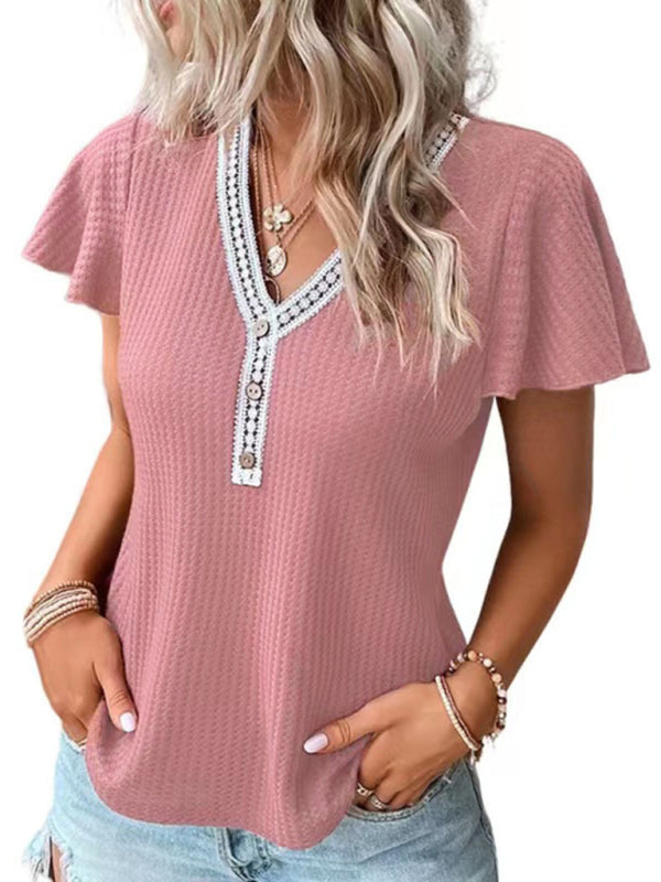 Alisha Women's Casual Fly Fly Sleeve Waffle Stitching Top Short Sleeve T-Shirt