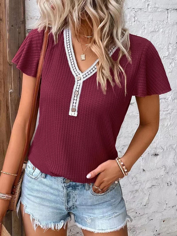 Alisha Women's Casual Fly Fly Sleeve Waffle Stitching Top Short Sleeve T-Shirt