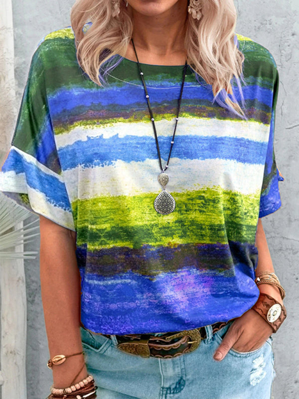 Kelly New Summer European And American Gradient Contrast Color Women's Short-Sleeved T-Shirt