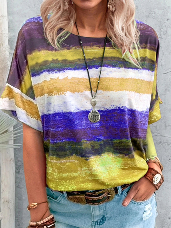 Kelly New Summer European And American Gradient Contrast Color Women's Short-Sleeved T-Shirt