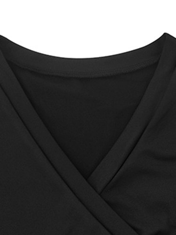 Daniela Women's Sexy Cross V Neck Stitching Slim Long Sleeve Solid Color Top