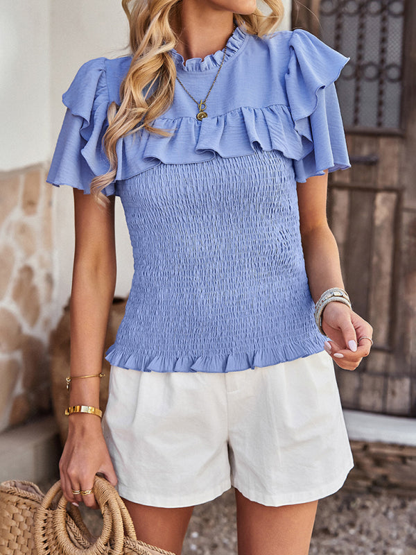 Antonella Women's Solid Color Temperament Elegant Ruffled Short-Sleeved Shirt