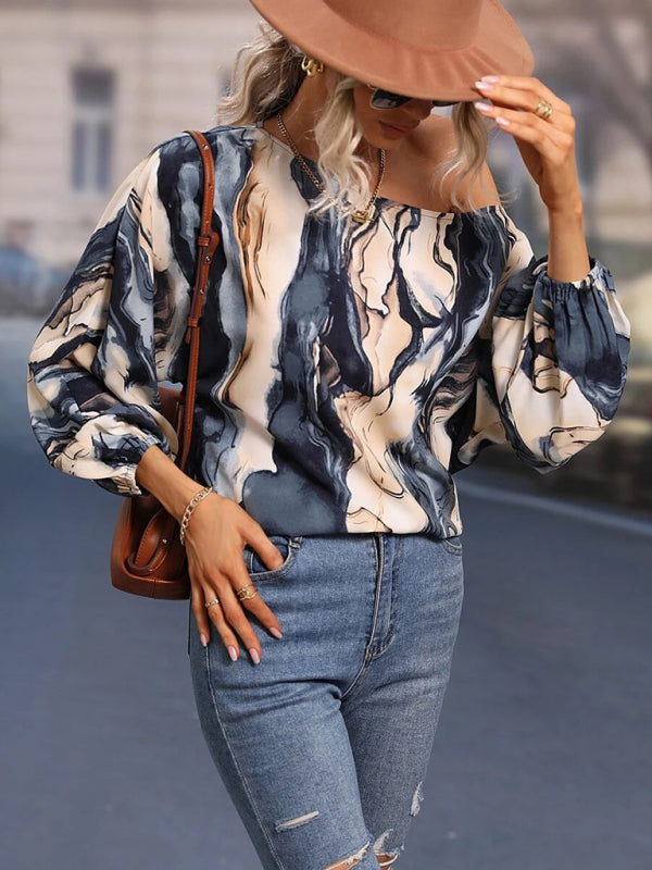 Annalise Women's Alphabet Print One Shoulder Loose Balloon Sleeve Top