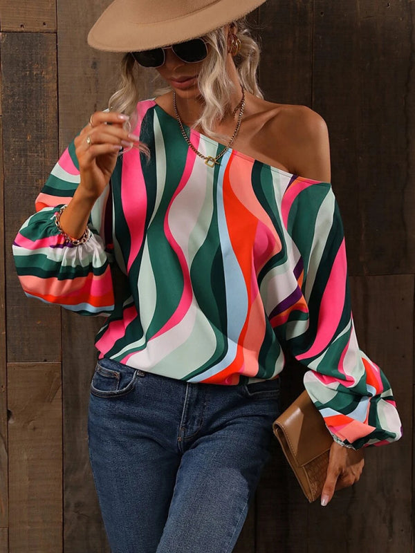 Annalise Women's Alphabet Print One Shoulder Loose Balloon Sleeve Top