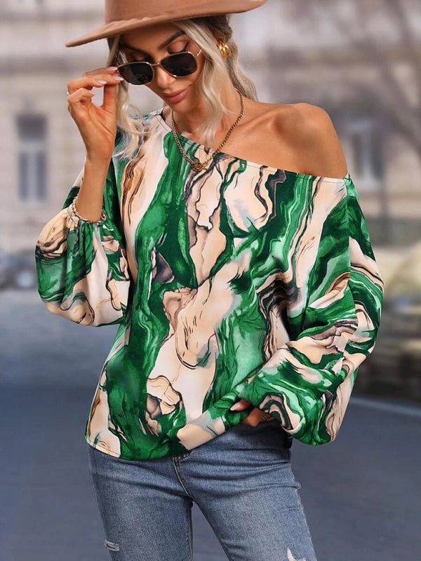 Annalise Women's Alphabet Print One Shoulder Loose Balloon Sleeve Top
