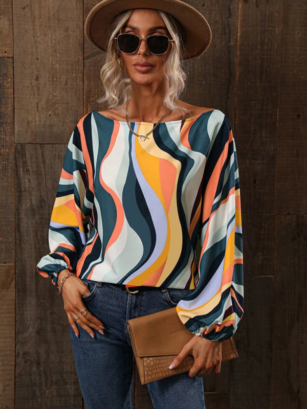 Annalise Women's Alphabet Print One Shoulder Loose Balloon Sleeve Top