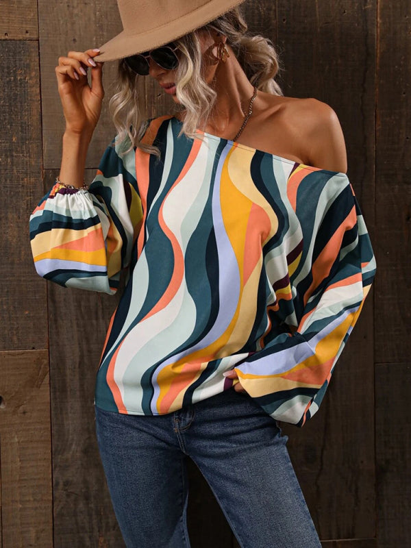 Annalise Women's Alphabet Print One Shoulder Loose Balloon Sleeve Top