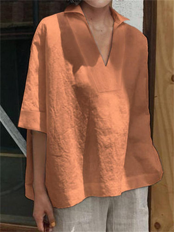 Annabeth Women's V-Neck Cotton And Linen Solid Color Loose Sleeve Shirt