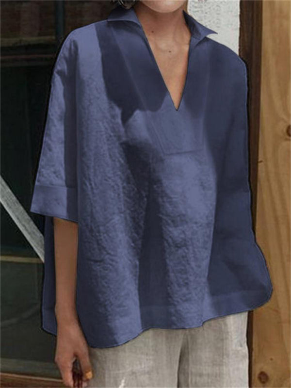 Annabeth Women's V-Neck Cotton And Linen Solid Color Loose Sleeve Shirt