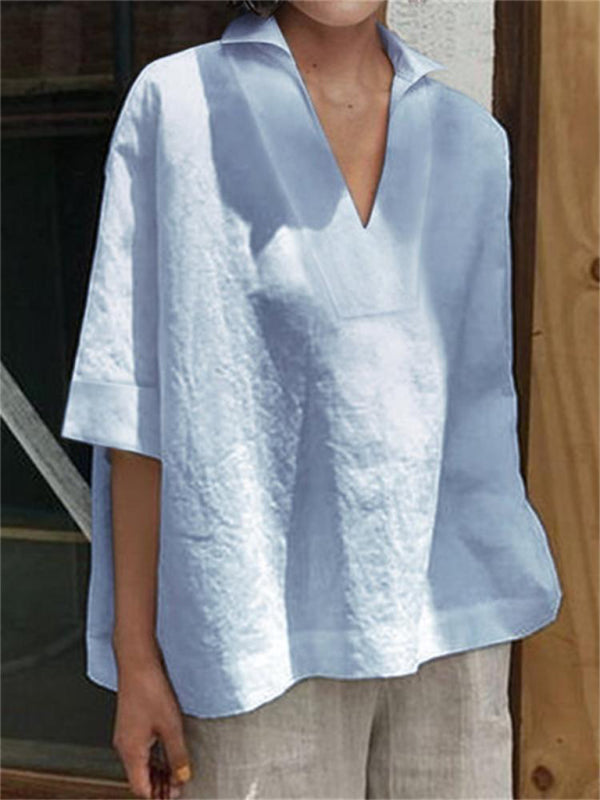 Annabeth Women's V-Neck Cotton And Linen Solid Color Loose Sleeve Shirt