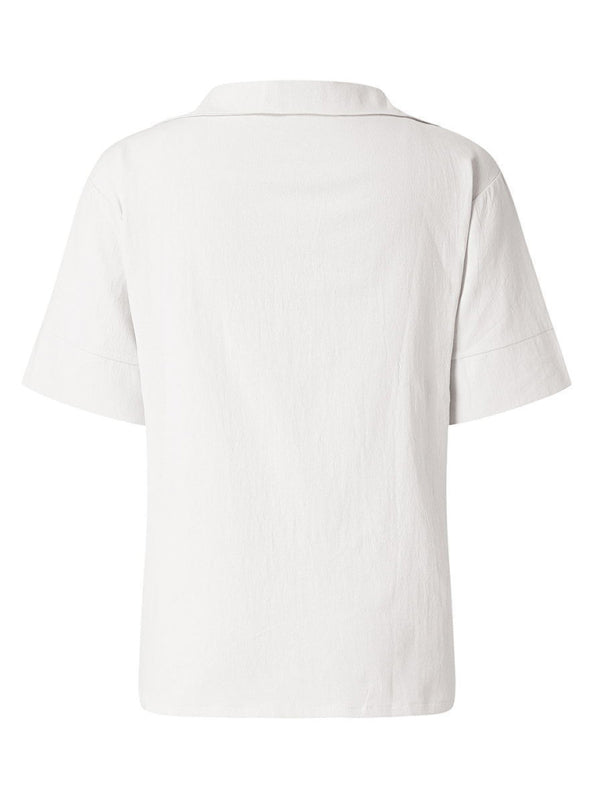 Annabeth Women's V-Neck Cotton And Linen Solid Color Loose Sleeve Shirt