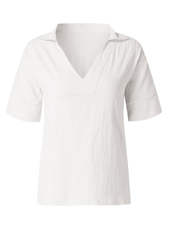 Annabeth Women's V-Neck Cotton And Linen Solid Color Loose Sleeve Shirt