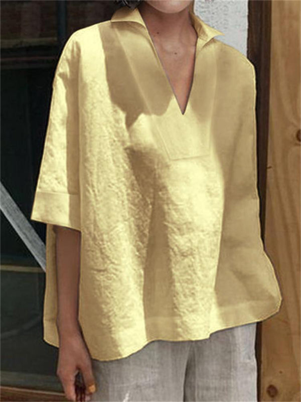 Annabeth Women's V-Neck Cotton And Linen Solid Color Loose Sleeve Shirt
