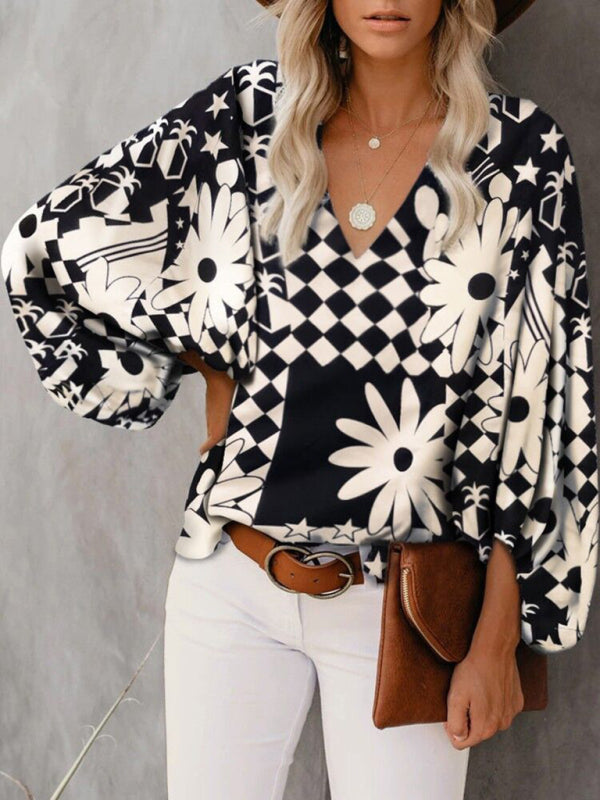 Antheia V-Neck Casual Shirt Printed Lantern Sleeve Top Women's Clothing
