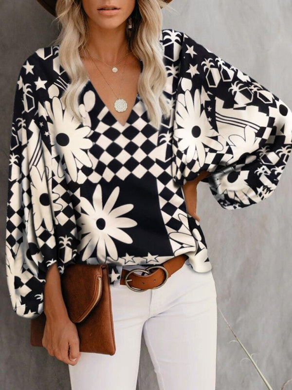 Antheia V-Neck Casual Shirt Printed Lantern Sleeve Top Women's Clothing