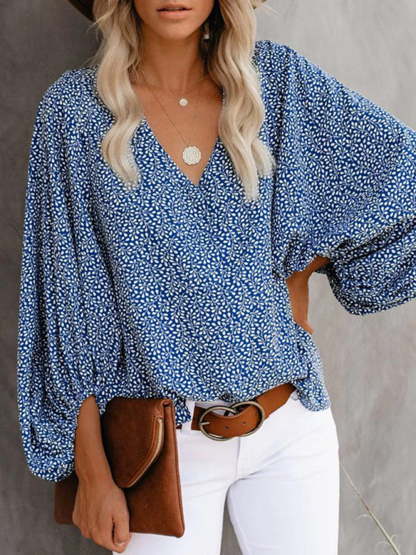 Antheia V-Neck Casual Shirt Printed Lantern Sleeve Top Women's Clothing