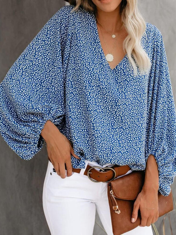 Antheia V-Neck Casual Shirt Printed Lantern Sleeve Top Women's Clothing
