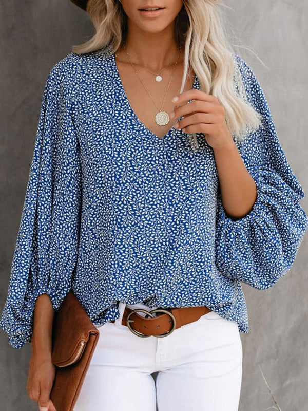Antheia V-Neck Casual Shirt Printed Lantern Sleeve Top Women's Clothing