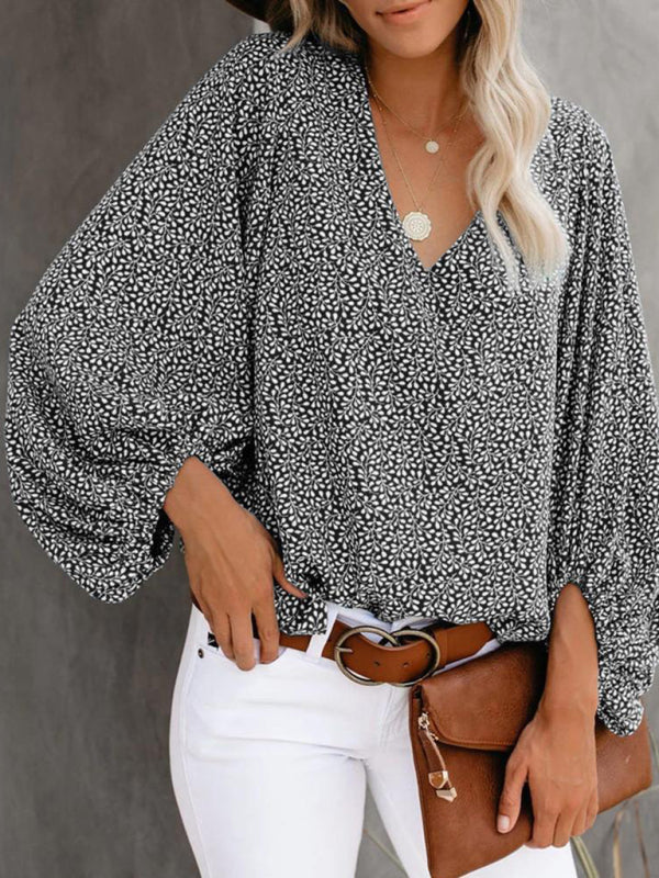 Antheia V-Neck Casual Shirt Printed Lantern Sleeve Top Women's Clothing