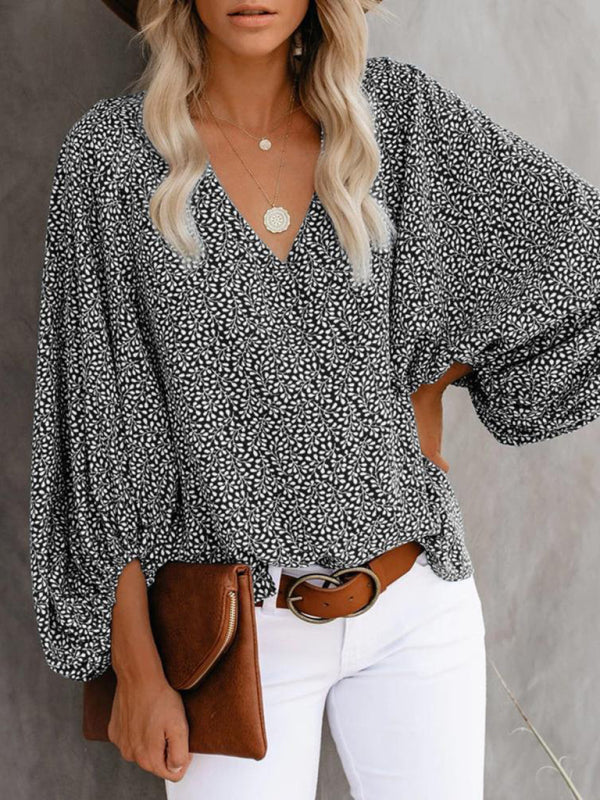Antheia V-Neck Casual Shirt Printed Lantern Sleeve Top Women's Clothing