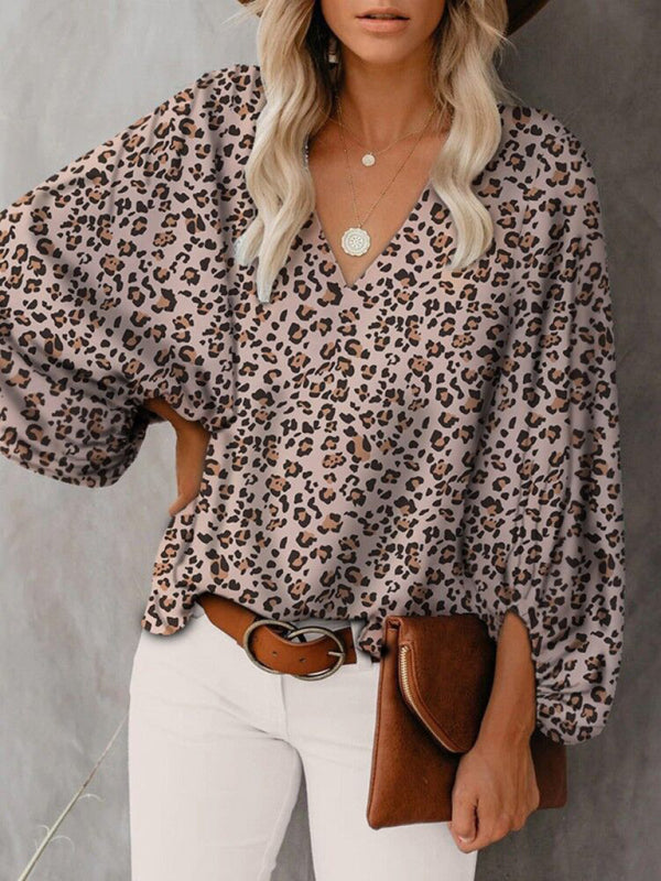 Antheia V-Neck Casual Shirt Printed Lantern Sleeve Top Women's Clothing