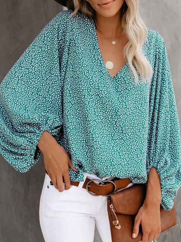 Antheia V-Neck Casual Shirt Printed Lantern Sleeve Top Women's Clothing