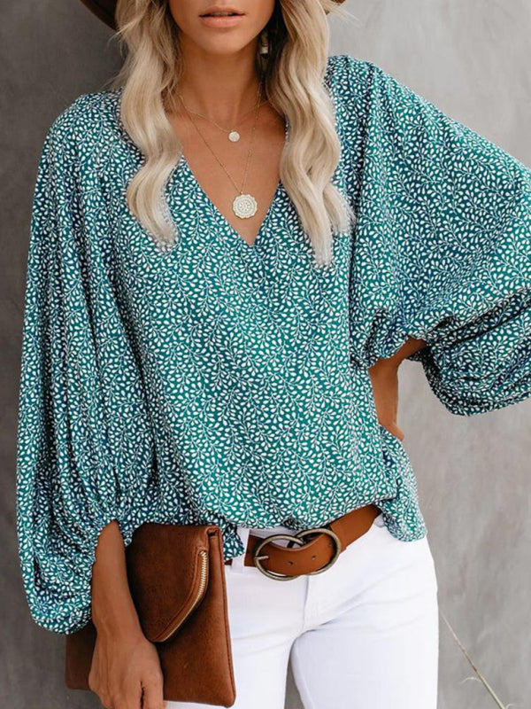 Antheia V-Neck Casual Shirt Printed Lantern Sleeve Top Women's Clothing