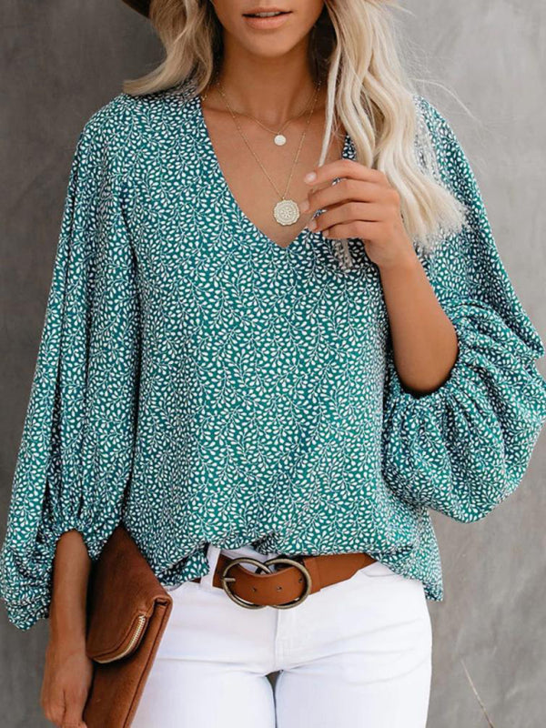 Antheia V-Neck Casual Shirt Printed Lantern Sleeve Top Women's Clothing