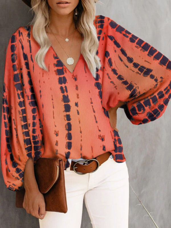 Antheia V-Neck Casual Shirt Printed Lantern Sleeve Top Women's Clothing