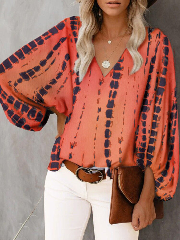 Antheia V-Neck Casual Shirt Printed Lantern Sleeve Top Women's Clothing