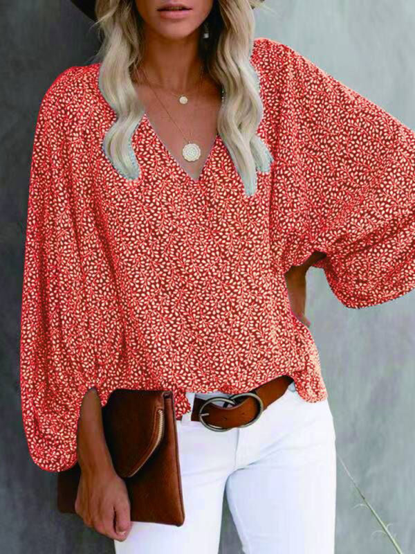 Antheia V-Neck Casual Shirt Printed Lantern Sleeve Top Women's Clothing