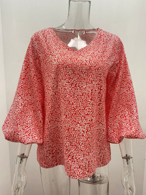 Antheia V-Neck Casual Shirt Printed Lantern Sleeve Top Women's Clothing