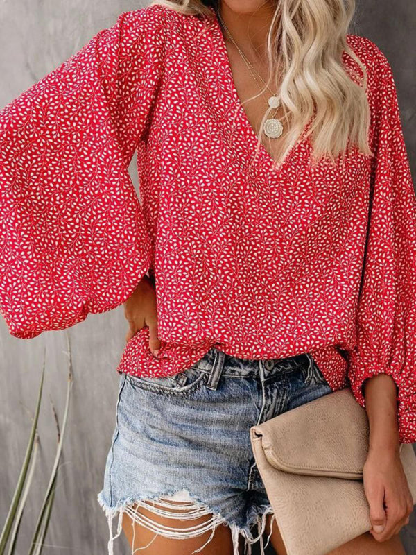 Antheia V-Neck Casual Shirt Printed Lantern Sleeve Top Women's Clothing