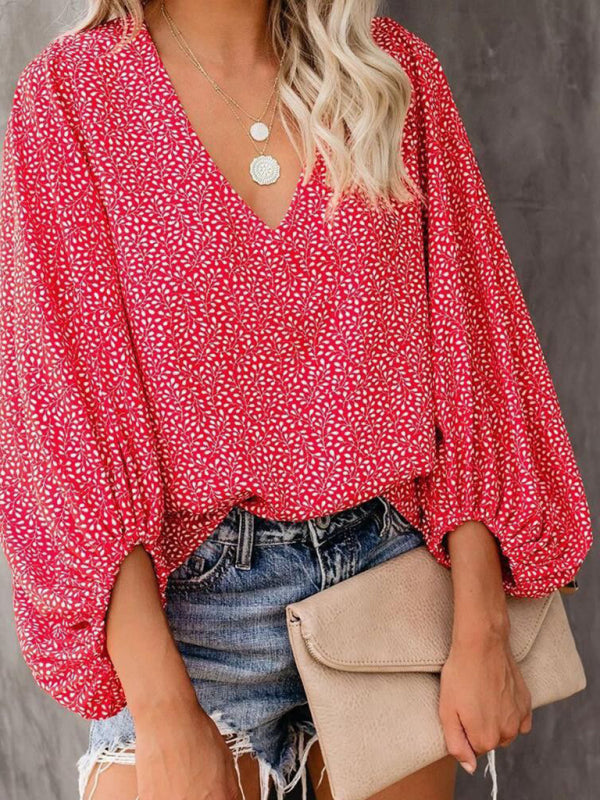 Antheia V-Neck Casual Shirt Printed Lantern Sleeve Top Women's Clothing
