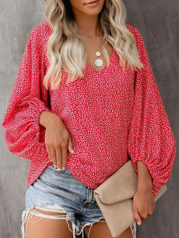 Antheia V-Neck Casual Shirt Printed Lantern Sleeve Top Women's Clothing