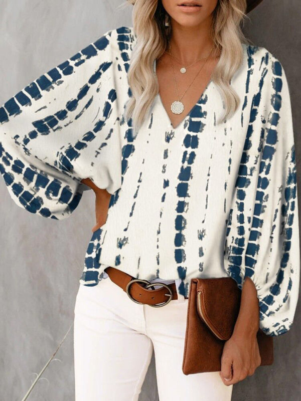 Antheia V-Neck Casual Shirt Printed Lantern Sleeve Top Women's Clothing